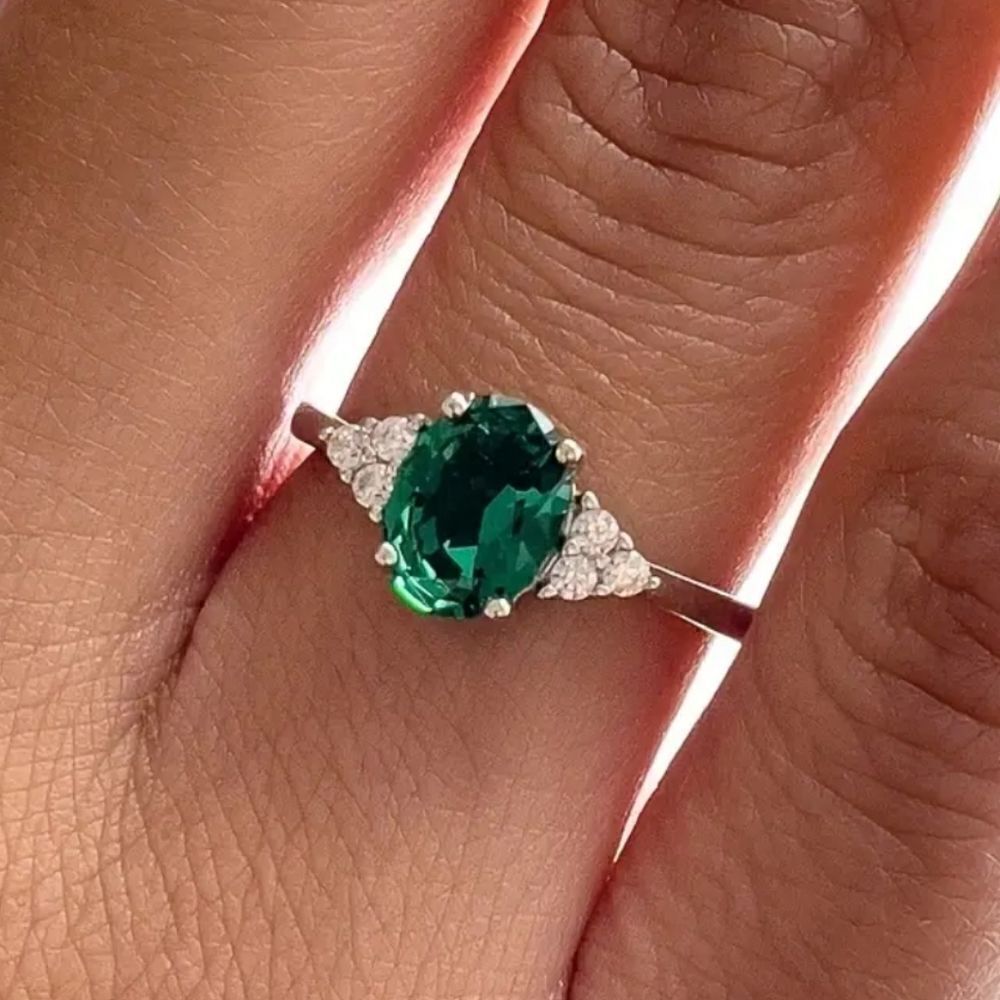Oval Green Emerald And Zircon Gemstone Ring